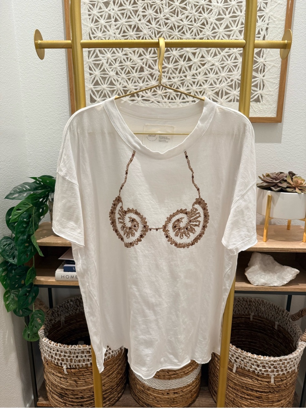 aerie White Short Sleeve Tee with Bronze Sequin Bra Graphic
